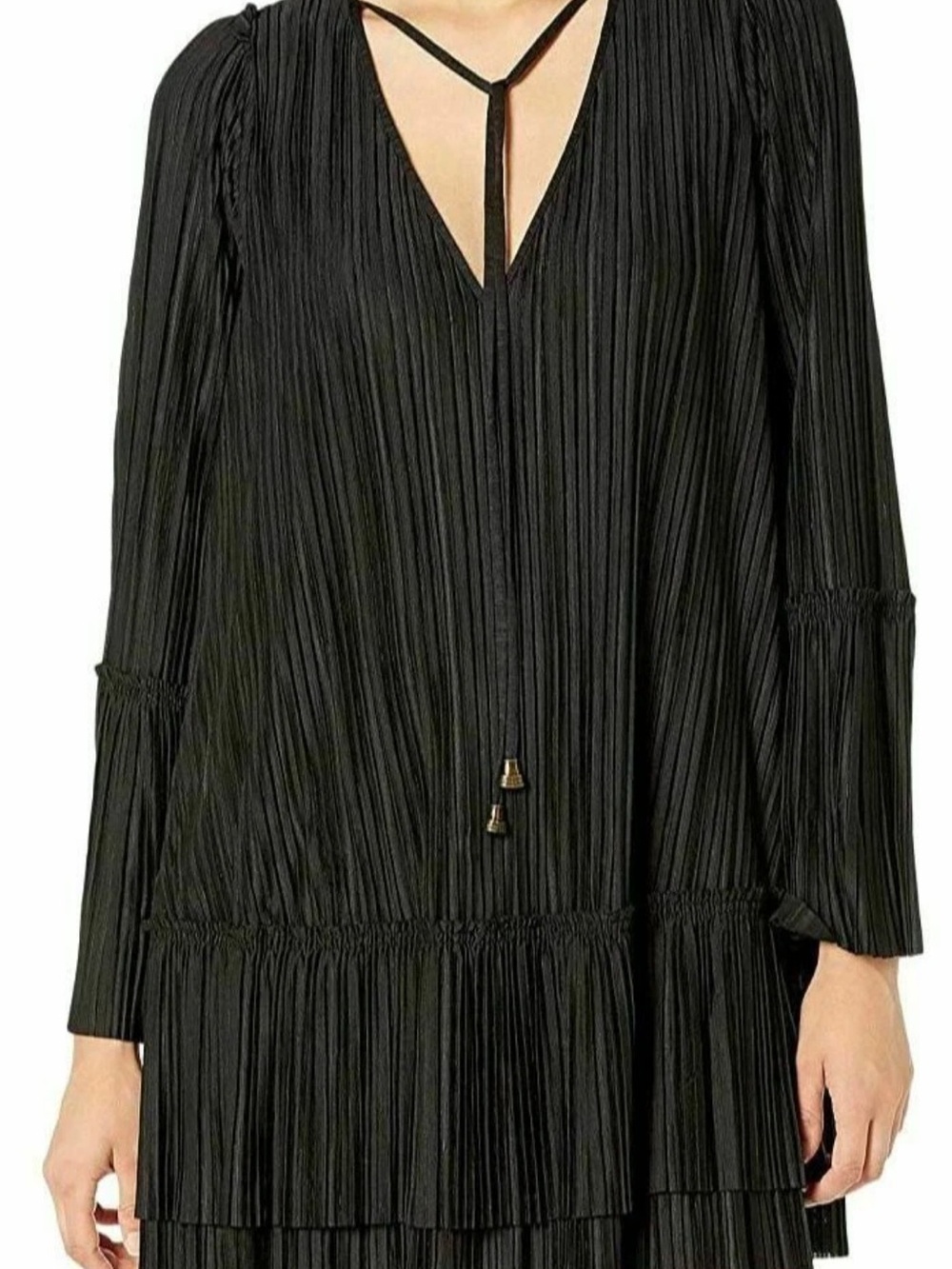 Free People Black Long Sleeve Pleated Tiered Dress with Tie